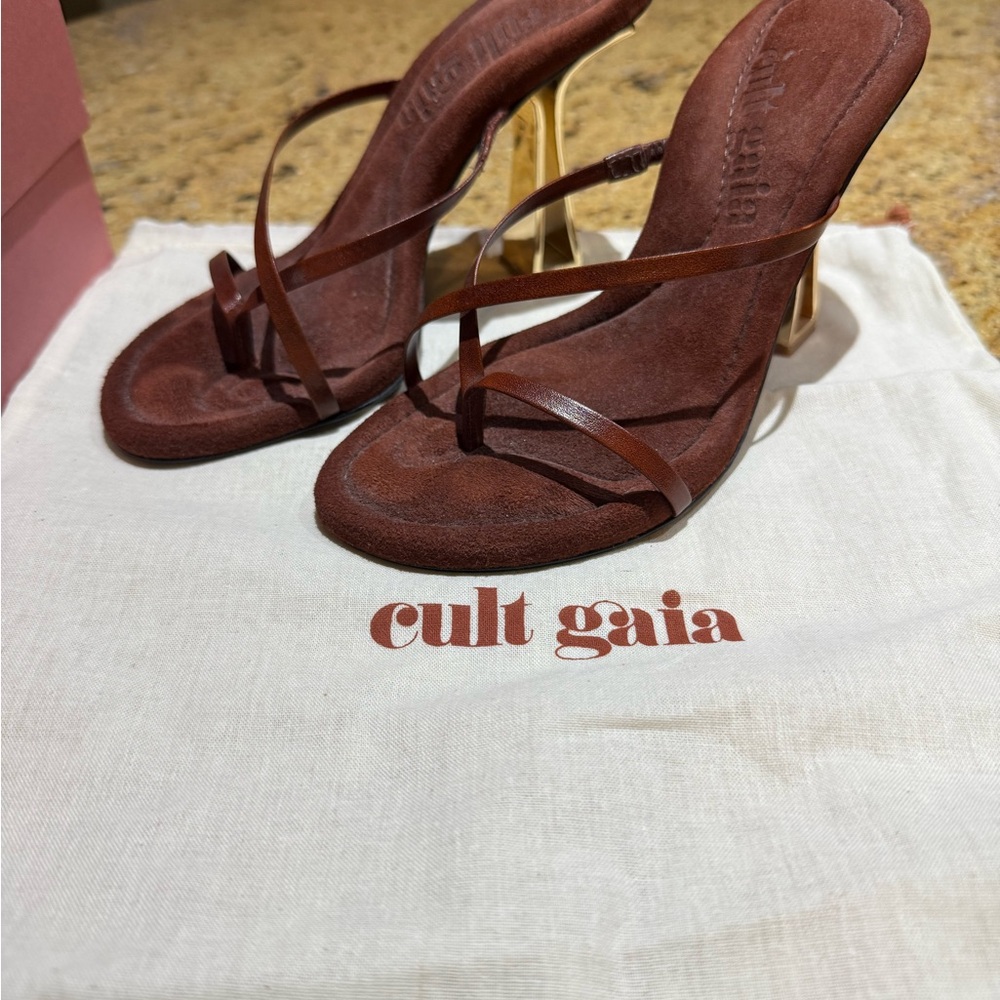 cult gaia Rust Brown Strappy Heeled Sandals with Gold Block Heel